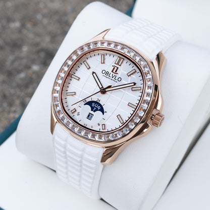 Montres-bracelets professionnelles OBLVLO FM-SL-DD-D en or rose, cadran carré blanc de 39 mm, mouvement automatique et phases de lune