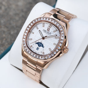 OBLVLO FM-SL-DD-D Rose Gold 39mm Square & White Dial Automatic Moonphase Business Wrist Watches