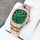 Montre automatique phases de lune OBLVLO FM-SL-DD-D, cadran vert, lunette en cristal 39 mm et boîtier carré en or rose