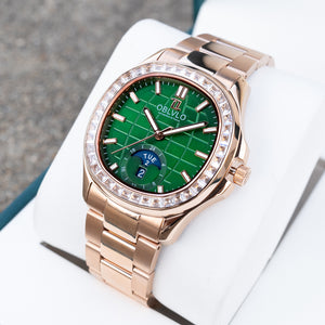OBLVLO FM-SL-DD-D Green Dial 39mm Crystal Bezel & Rose Gold Sqaure Case Automatic Moonphase Watch