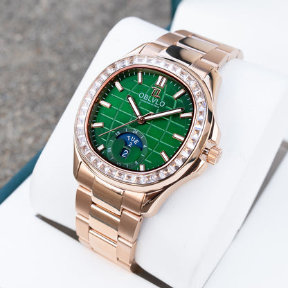 OBLVLO FM-SL-DD-D Green Dial 39mm Crystal Bezel & Rose Gold Sqaure Case Automatic Moonphase Watch