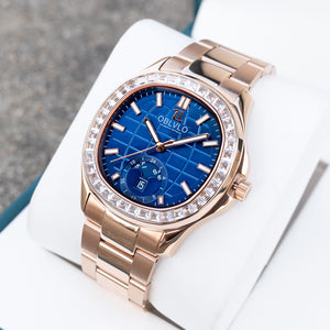OBLVLO FM-SL-DD-D - Blue 39mm Moonphase Dial & Rose Gold Sqaure Case Automatic Dress Watch for men
