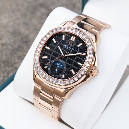 Luxury Men's 39mm Square Crystal Bezel Automatic Moonphase Watch | OBLVLO FM-SL-DD-D Business Wrist Watches