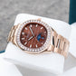 OBLVLO FM-SL-DD-D 39mm Mens Automatic Moonphase Watch - Brown Dia & Rose Gold Sqaure Case Inlay zirconia