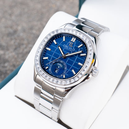 39mm OBLVLO FM-SL-DD-D 39mm Blue Dial Men's Automatic Business Watch with Crystal Diamond Bezel