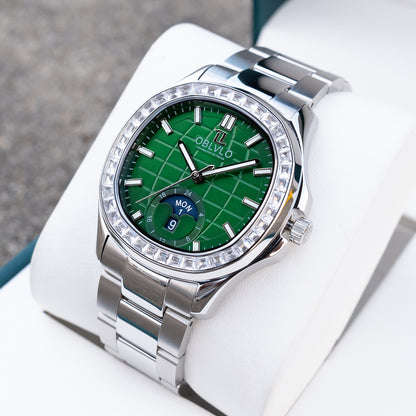OBLVLO FM-SL-DD-D Affordable Luxury 39mm Green Dial Automatic Moon Phase Watch for Men