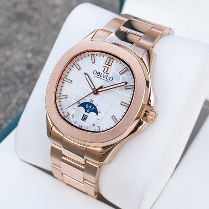 Montres-bracelets professionnelles OBLVLO FM-SL-DD-D en or rose, cadran carré blanc de 39 mm, mouvement automatique et phases de lune