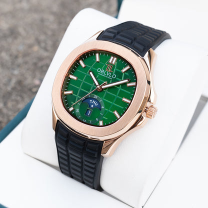 Montre automatique phases de lune OBLVLO FM-SL-DD-D, cadran vert, lunette en cristal 39 mm et boîtier carré en or rose