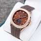 OBLVLO FM-SL-DD-D 39mm Mens Automatic Moonphase Watch - Brown Dia & Rose Gold Sqaure Case Inlay zirconia