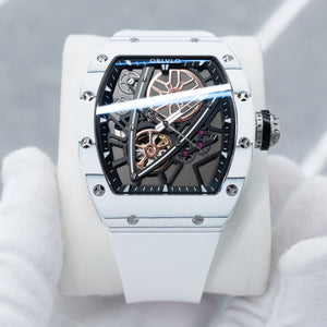 OBLVLO XM-NSK Luxury Tonneau Skeleton White Luminescent Carbon Fiber Watch for Men - Self-Wind Movement/Waterproof/Super_Luminous