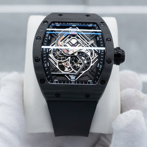 OBLVLO XM-RACING Mens Luxury Tonneau Watches - Unique Black Carbon Fiber Sports Automatic Japanese 82S7 Movement Watch