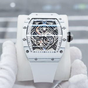OBLVLO XM-RACING Automatic Mechanical Men's Skeleton Watch - Cool White Carbon Fiber Case with Luminous