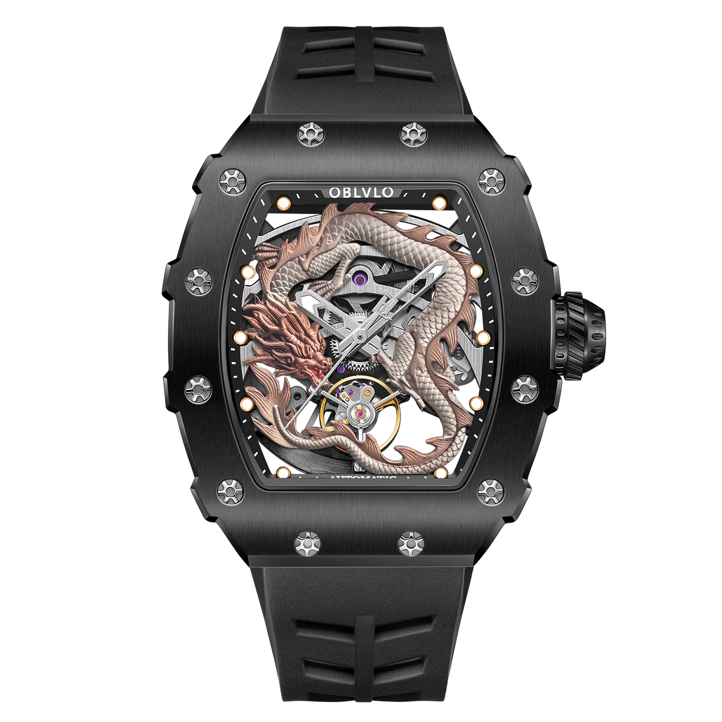 Affordable Unique Light pink Chinese Dragon Luxury Skeleton Watches - OBLVLO XM DRAGON Series