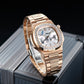 Reef Tiger RGA2019 White Dial 44mm Crystal Bezel & Rose Gold Sqaure Case Automatic Watch - 24 Hours Multi-Dial Dial Business Watch