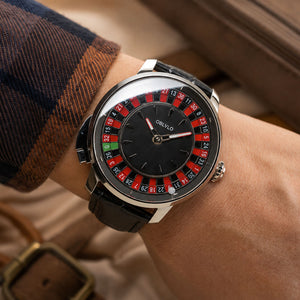Luxury OBLVLO CSM-CA Men's Casino Watch - Silver Stainless Steel Case with Red Gemstone Center Dial & Black Leather Strap