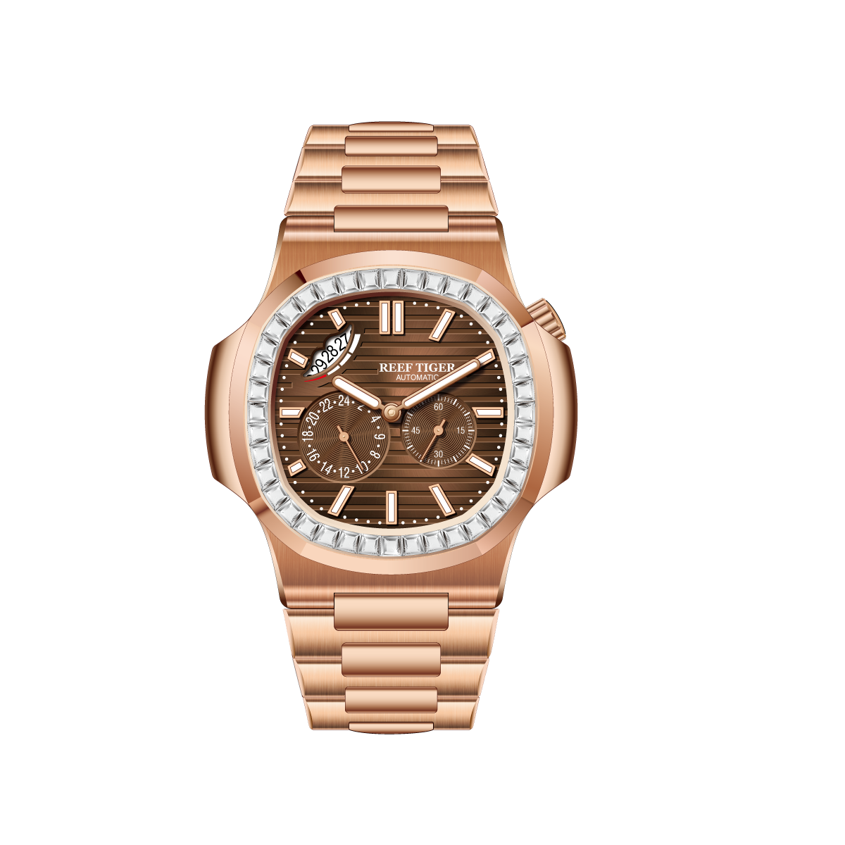 Reef Tiger RGA2019 44mm Square & Brown Dial Automatic Watch - 24-Hour Multi-Dial Business Wrist Watches