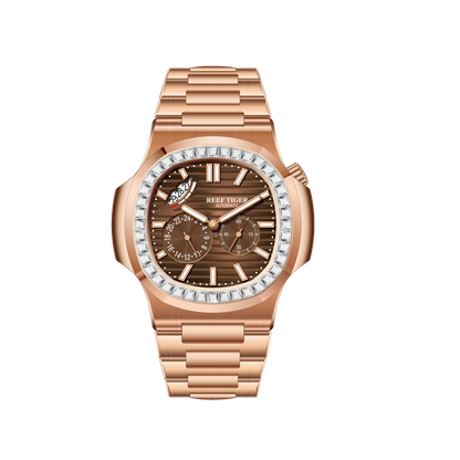 Reef Tiger RGA2019 44mm Square & Brown Dial Automatic Watch - 24-Hour Multi-Dial Business Wrist Watches