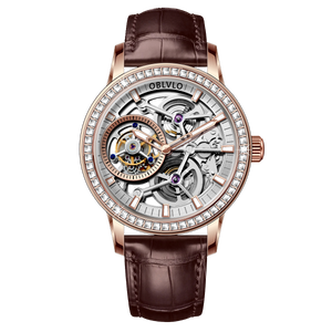Erschwingliche Luxus-Skelett-Tourbillon-Uhren aus Roségold mit Diamanten für Herren – Oblvlo Design VM-TB DPWW