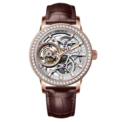 Affordable Luxury Rose Gold & Diamond Skeleton Tourbillon Watches For Men - Oblvlo Design VM-TB DPWW