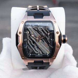 Rose Gold OBLVLO ZM-CR Series Aircraft Carrier Tonneau 46MM Automatic Skeleton Watch