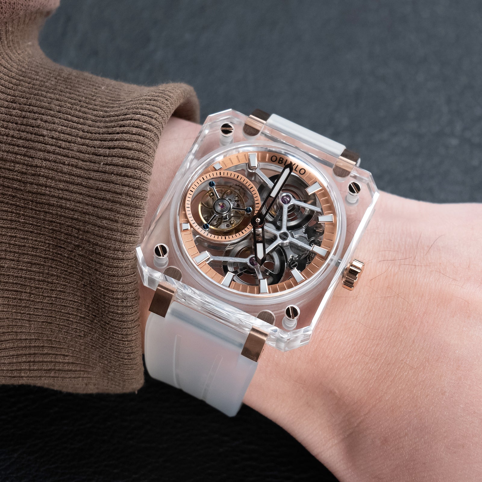 OBLVLO Affordable Luxury Rose Gold Skeleton Tourbillon Wrist Watch For