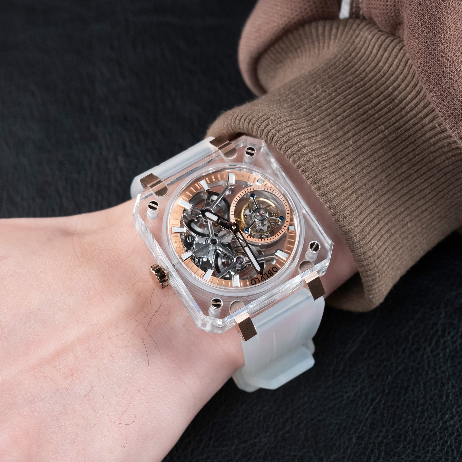 OBLVLO Affordable Luxury Rose Gold Skeleton Tourbillon Wrist Watch For