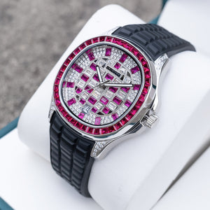 OBLVLO FM-DSL - Affordable 40mm Square Luxury Red Baguette Stone Zircon/Moissanite Bezel & Dial Watch for Men's