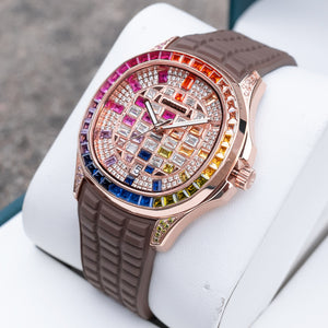 Affordable 40mm Square Rose Gold OBLVLO FM-DSL - Luxury Rainbow Baguette Stone Zircon/Moissanite Bezel Automatic Watch