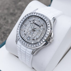 OBLVLO FM-DSL - Affordable 40mm White Crystal Dial & Baguette Stone Zircon/Moissanite Bezel Automatic Watch