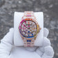 OBLVLO FM-DSL-AD Luxury Mens Mechanical Watch Hand-Set Rainbow Crystal Bezel Automatic Movement Rose Gold Iced Out Steel Wristwatch