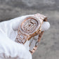 OBLVLO FM-DSL-AD Mens Iced Out Watch Luxury Baguette Crystal Automatic Wristwatch Rose Gold Bling Diamond Hip Hop Jewelry Watch