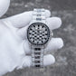 OBLVLO FM-DSL-AD Mens Iced Out Watch Luxury Black Crystal Baguette Bezel Automatic Mechanical Wristwatch Silver Stainless Steel Diamond Watch