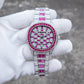 OBLVLO FM-DSL-AD Luxury Mens Automatic Watch Ruby Red Baguette Gemstone Bezel Full Crystal Grid Dial Silver Mechanical Wrist Watch