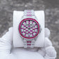 OBLVLO FM-DSL-AD Luxury Mens Automatic Watch Ruby Red Baguette Gemstone Bezel Full Crystal Grid Dial Silver Mechanical Wrist Watch