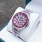 OBLVLO FM-DSL-AD Luxury Mens Automatic Watch Ruby Red Baguette Gemstone Bezel Full Crystal Grid Dial Silver Mechanical Wrist Watch