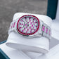 OBLVLO FM-DSL-AD Luxury Mens Automatic Watch Ruby Red Baguette Gemstone Bezel Full Crystal Grid Dial Silver Mechanical Wrist Watch