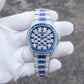OBLVLO FM-DSL-AD Luxury Mens Mechanical Watch Sapphire Blue Baguette Crystal Bezel Silver Iced Out Automatic Wrist Watch with Date