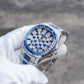 OBLVLO FM-DSL-AD Luxury Mens Mechanical Watch Sapphire Blue Baguette Crystal Bezel Silver Iced Out Automatic Wrist Watch with Date