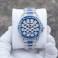 OBLVLO FM-DSL-AD Luxury Mens Mechanical Watch Sapphire Blue Baguette Crystal Bezel Silver Iced Out Automatic Wrist Watch with Date