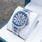 OBLVLO FM-DSL-AD Luxury Mens Mechanical Watch Sapphire Blue Baguette Crystal Bezel Silver Iced Out Automatic Wrist Watch with Date