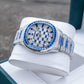 OBLVLO FM-DSL-AD Luxury Mens Mechanical Watch Sapphire Blue Baguette Crystal Bezel Silver Iced Out Automatic Wrist Watch with Date