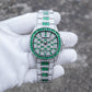 OBLVLO FM-DSL-AD Mens Iced Out Diamond Watch Luxury Emerald Green Baguette Gemstone Automatic Mechanical Wristwatch Silver Stainless Steel