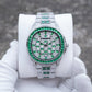 OBLVLO FM-DSL-AD Mens Iced Out Diamond Watch Luxury Emerald Green Baguette Gemstone Automatic Mechanical Wristwatch Silver Stainless Steel