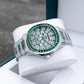 OBLVLO FM-DSL-AD Mens Iced Out Diamond Watch Luxury Emerald Green Baguette Gemstone Automatic Mechanical Wristwatch Silver Stainless Steel
