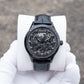 OBLVLO VMH Men's Stealth All Black Automatic Watch 3D Sculpted Horse Dial Skeleton Mechanical Wristwatch Black Leather Strap
