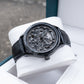 OBLVLO VMH Men's Stealth All Black Automatic Watch 3D Sculpted Horse Dial Skeleton Mechanical Wristwatch Black Leather Strap