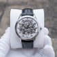 OBLVLO VMH Men's Automatic Watch 3D Relief Horse Skeleton Mechanical Wristwatch Silver Stainless Steel Case Black Leather Strap