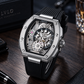 OBLVLO ZRM-ZM Silver Tonneau Skeleton Automatic Watch - 46mm Stainless Steel Case Mechanical Sport Wristwatch Black Rubber Strap