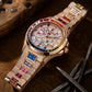 OBLVLO FM-DSL-AD Luxury Mens Mechanical Watch Hand-Set Rainbow Crystal Bezel Automatic Movement Rose Gold Iced Out Steel Wristwatch
