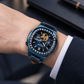 OBLVLO FM-SF Men's All-Blue Automatic Mechanical Watch Open Heart Diamond Bezel Metallic Blue Stainless Steel Case Leather Strap